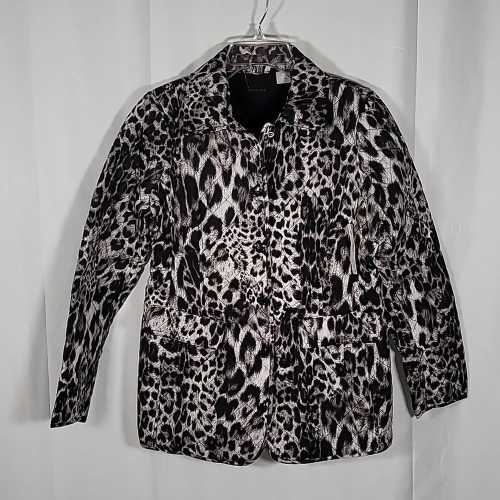 Chico's Size 0 Quilted Snow Leopard Jacket Black Animal Print Winter